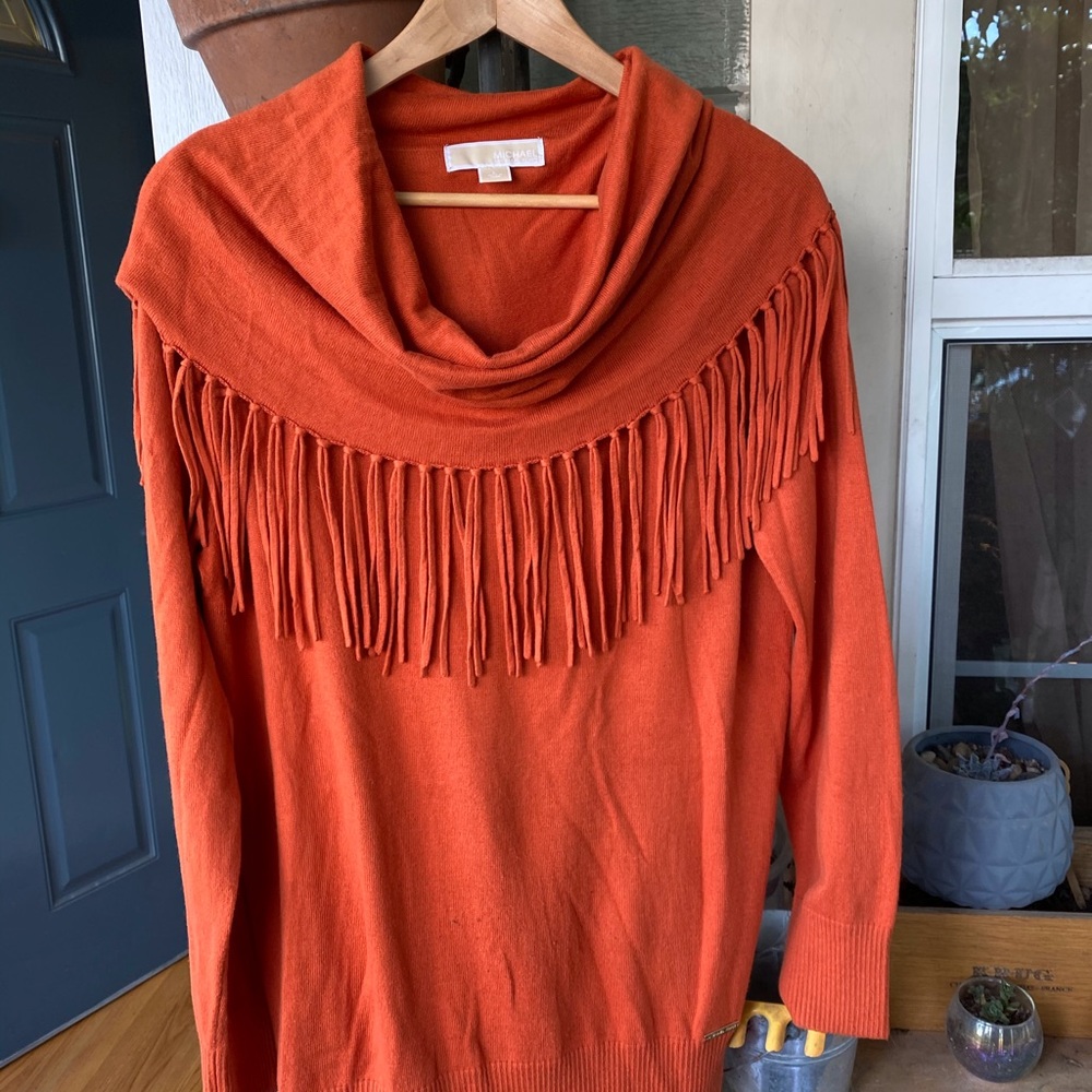 Michael Kors orange fringe cowel sweater
